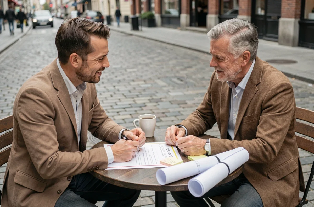 Deux entrepreneurs discutant d'un plan d'affaires pour monétiser des projets de rénovation autour d'un café en terrasse
