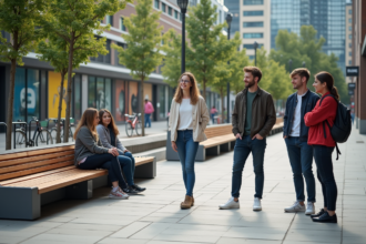 Groupe diversifié autour de bancs urbains dans une place animée