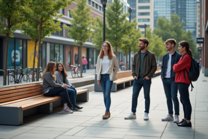 Groupe diversifié autour de bancs urbains dans une place animée