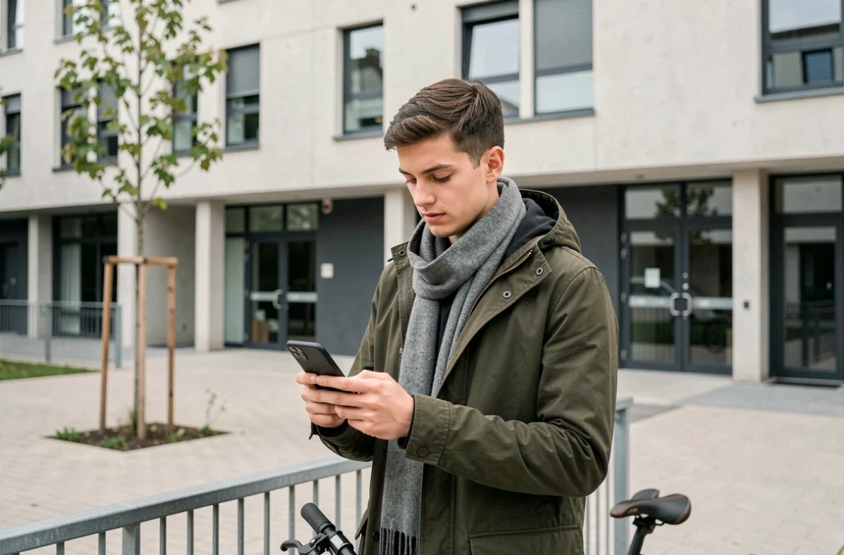 Étudiant devant une résidence universitaire moderne à La Roche-sur-Yon avec son vélo