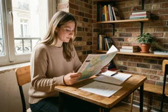 Étudiante consultant un plan de campus dans son appartement étudiant à La Roche-sur-Yon