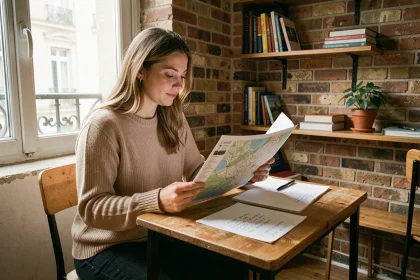 Étudiante consultant un plan de campus dans son appartement étudiant à La Roche-sur-Yon