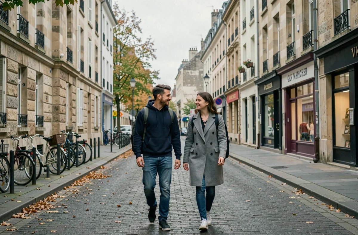 Deux étudiants marchant dans une rue proche des campus de La Roche-sur-Yon en automne