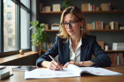 Experte immobilière examinant des documents dans un bureau moderne