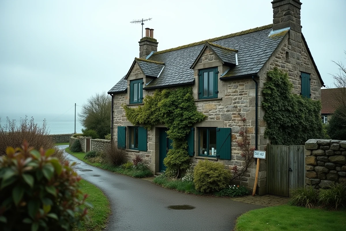 Façade d'un cottage normand en pierre avec vue sur la mer et panneau à vendre dans le jardin