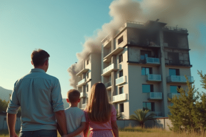 Famille inquiète devant immeuble endommage par un incendie