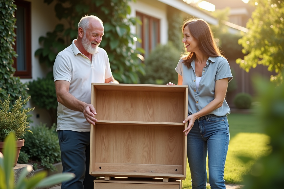 Famille souriante portant un fauteuil en bois et une bibliothèque à l'extérieur
