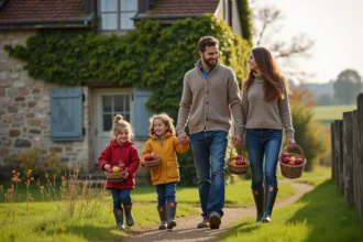 Famille de quatre devant une longère normande en extérieur