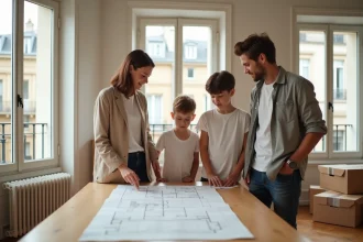 Famille avec enfants consultant des plans de logement dans un grand appartement moderne à Levallois-Perret