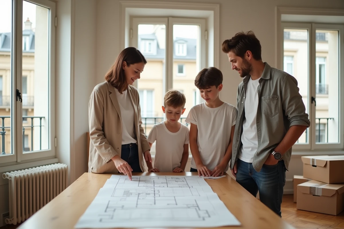 Famille avec enfants consultant des plans de logement dans un grand appartement moderne à Levallois-Perret