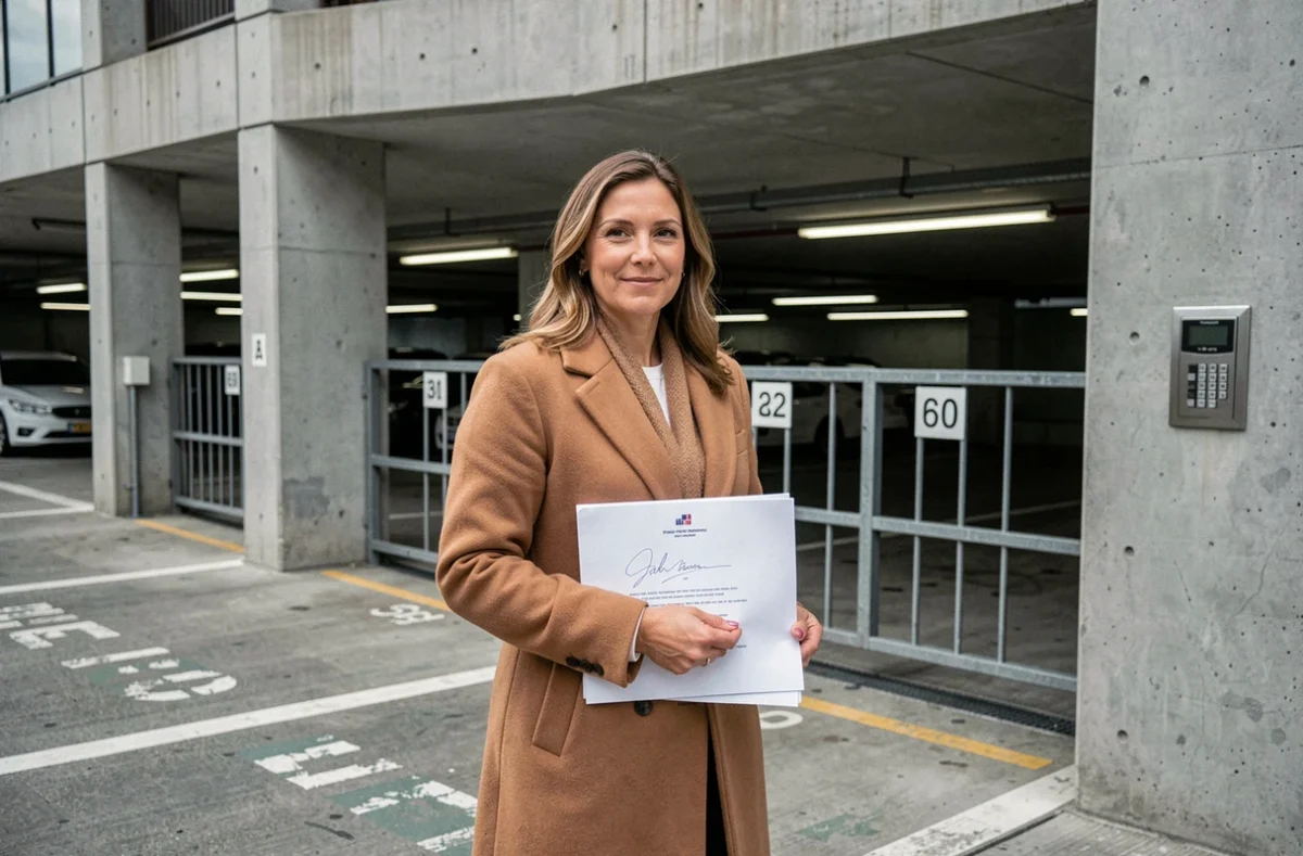 Femme tenant un dossier d'achat devant l'entrée d'un parking souterrain en béton en ville