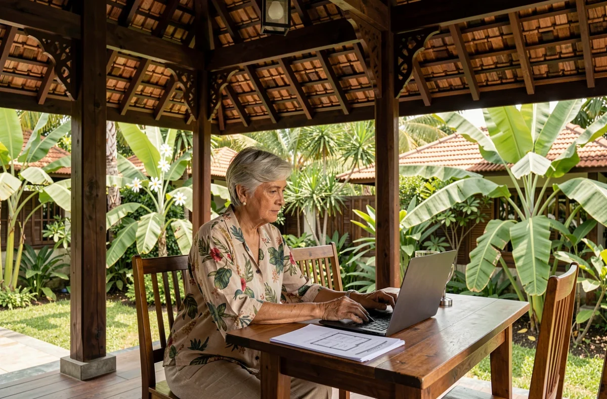 Femme étudiant un dossier d'achat immobilier dans une villa traditionnelle thaïlandaise à Koh Samui