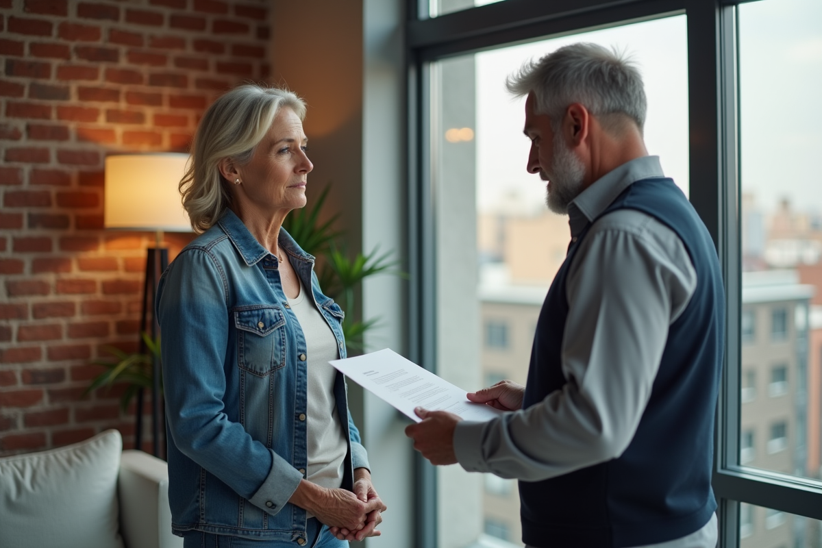 Femme acheteuse examinant un contrat dans un appartement moderne