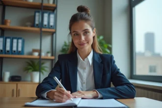 Jeune femme d'affaires au bureau avec dossier