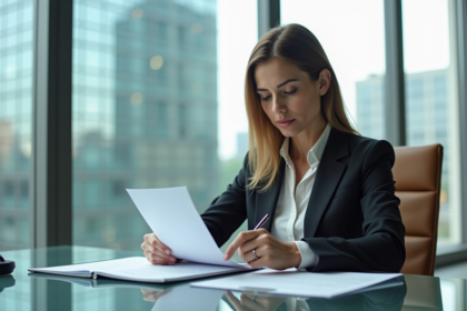 Femme d affaires lisant des documents dans un bureau moderne