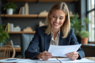 Femme d'affaires souriante examinant des documents immobiliers