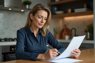 Femme d affaires en cuisine examine un document Pinel