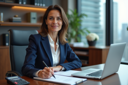 Femme d'affaires en bureau moderne avec documents et ordinateur