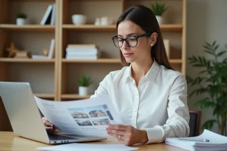 Femme professionnelle analysant des annonces immobilières sur ordinateur portable et documents imprimés dans un bureau à domicile moderne
