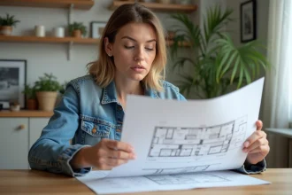 Femme en denim examinant un plan architectural dans une maison lumineuse