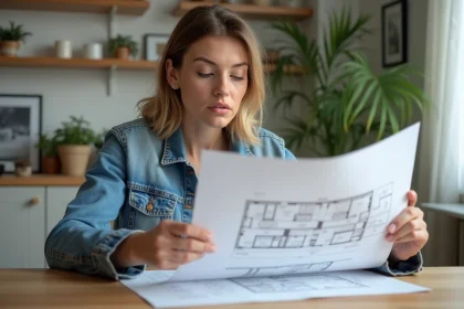 Femme en denim examinant un plan architectural dans une maison lumineuse