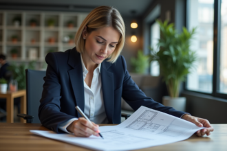 Femme professionnelle en costume bleu examinant des plans dans un espace de coworking