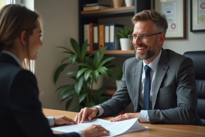 Femme d affaires discutant avec un homme en bureau moderne