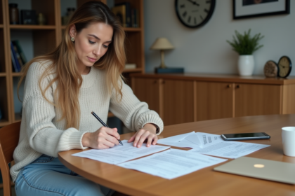Femme remplissant formulaires de changement d'adresse
