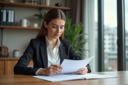 Femme d affaires examinant un contrat de location dans un appartement moderne