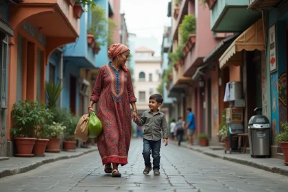 Femme avec foulard coloré et enfant dans une rue animée