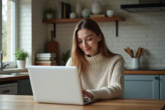Jeune femme utilisant un ordinateur dans une cuisine lumineuse