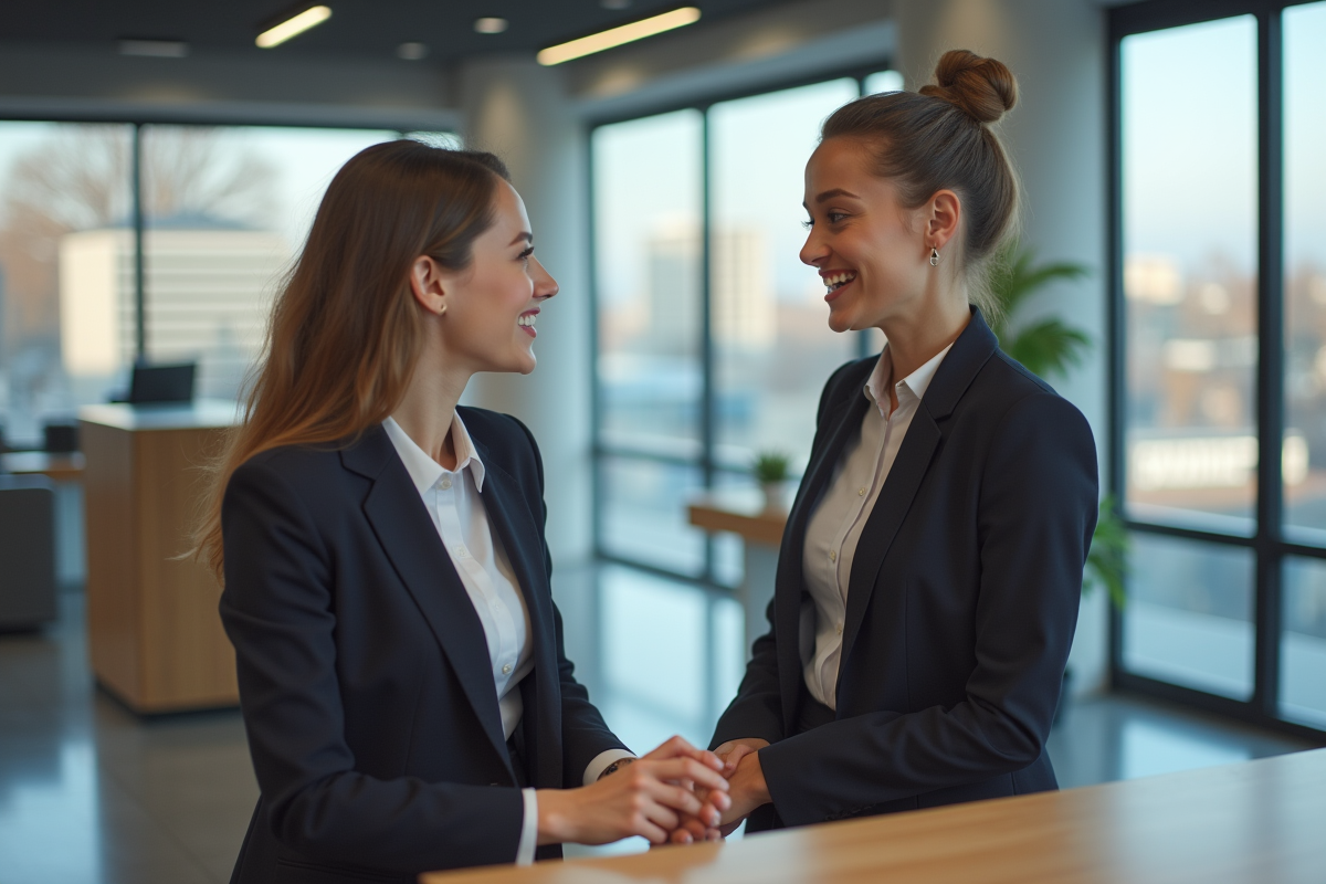 Jeune femme en tenue professionnelle discute avec un client dans une banque