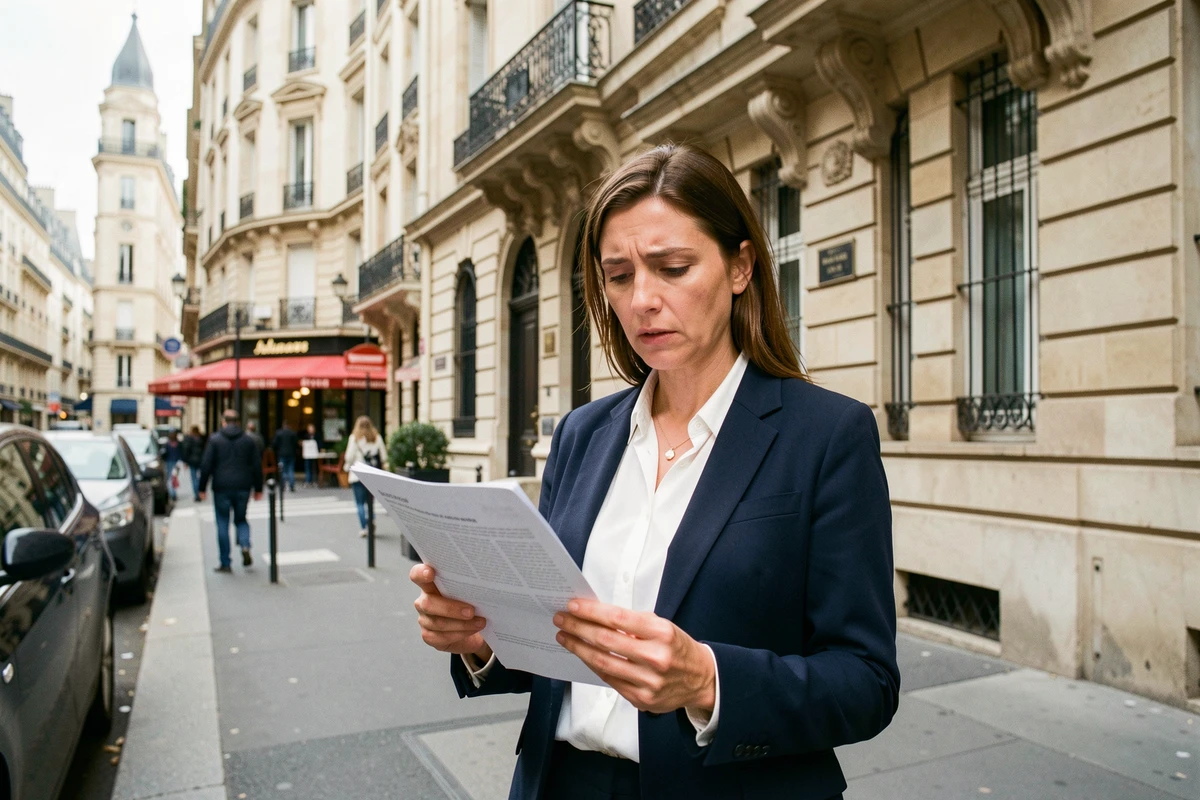 Femme consultant un document immobilier devant un immeuble haussmannien en zone tendue à Paris