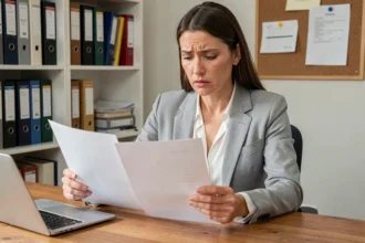 Femme examinant un document de préavis locatif dans un bureau à domicile, illustrant la contestation d'un refus de préavis en zone tendue