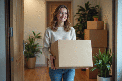 Jeune femme portant une boîte dans un appartement