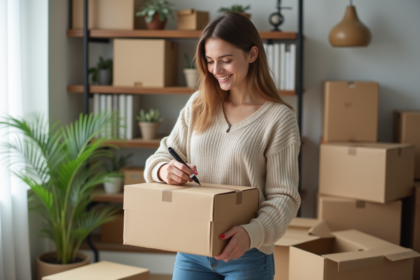 Jeune femme souriante étiquetant une boîte de déménagement dans un salon lumineux