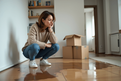 Femme examinant des taches d'eau sur le sol en bois