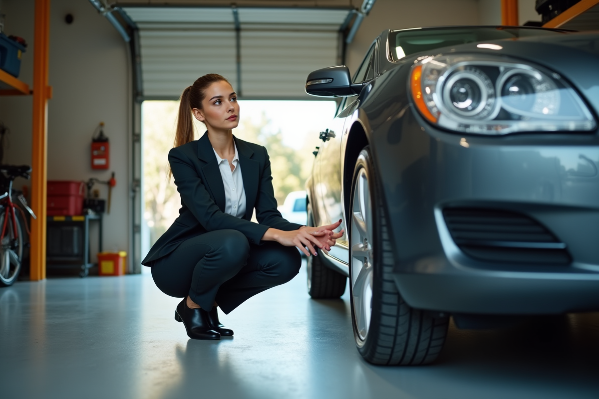Jeune femme examinant un pneu dans un garage spacieux