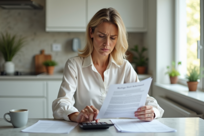 Femme d'âge moyen en tenue professionnelle examine des documents de prêt immobilier dans une cuisine moderne