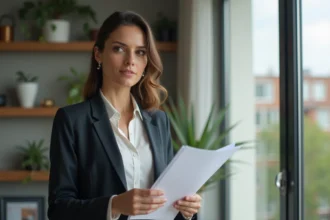 Femme professionnelle tenant des clés et documents d appartement