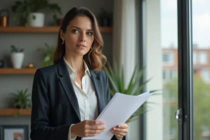 Femme professionnelle tenant des clés et documents d appartement