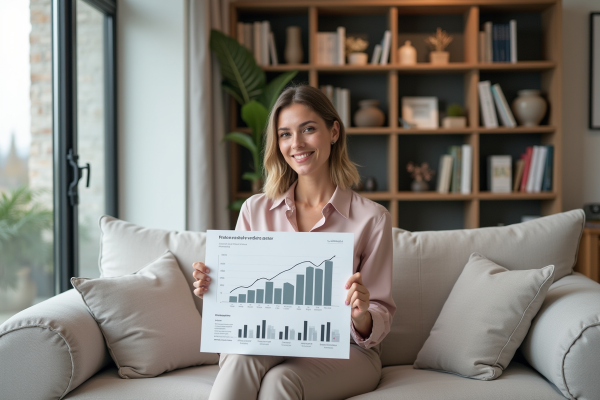 Jeune femme tenant une infographie financière dans un salon