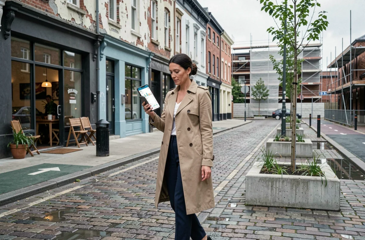 Femme investisseuse parcourant un quartier en transformation avec application d'analyse immobilière sur smartphone