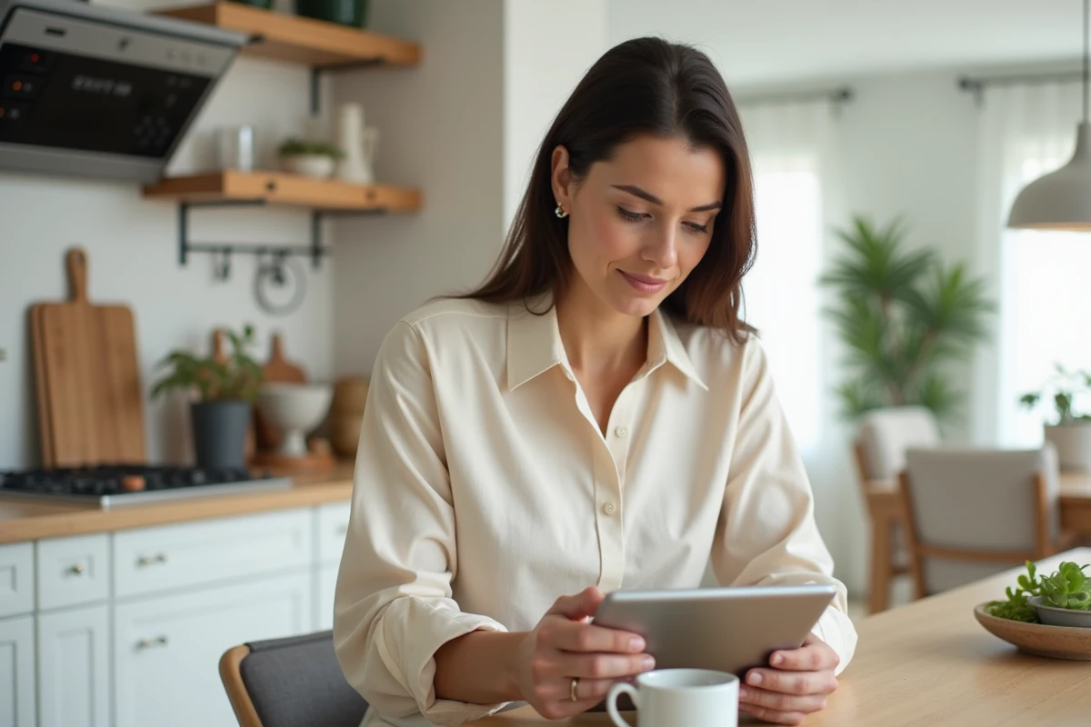 Femme investisseuse consultant une application de gestion de placements sur tablette dans une cuisine moderne