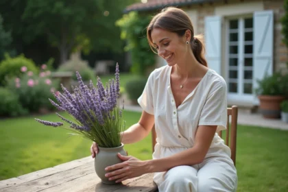 Femme en robe en lin arrangeant de la lavande sur une terrasse