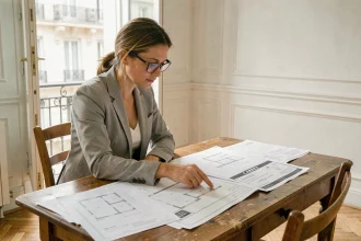 Femme étudiant un certificat de superficie loi Carrez avec des plans d'appartement sur une table en bois dans un intérieur parisien