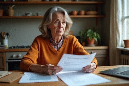 Femme d'âge moyen examinant des documents de taxe logement