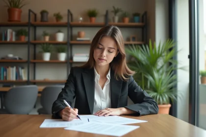 Jeune femme lisant des papiers immobiliers dans un appartement lumineux
