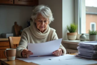 Femme d'âge moyen examinant des lettres à la cuisine