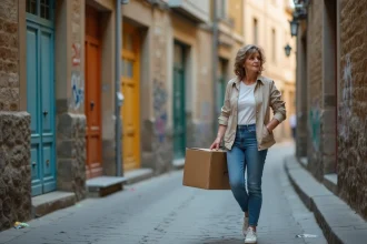 Femme réfléchissant avec boîte de déménagement dans une rue de Mille